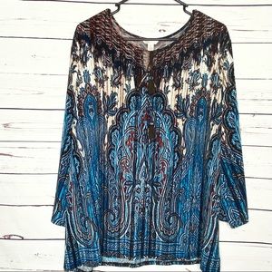 CATO Bohemian Blue & Brown Paisley 3/4 Sleeve Blouse Top Size XL